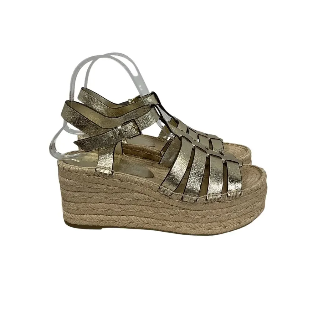 Tory Burch Metallic Spark Gold Fisherman Wedge Espadrille Sandals Size 7.5